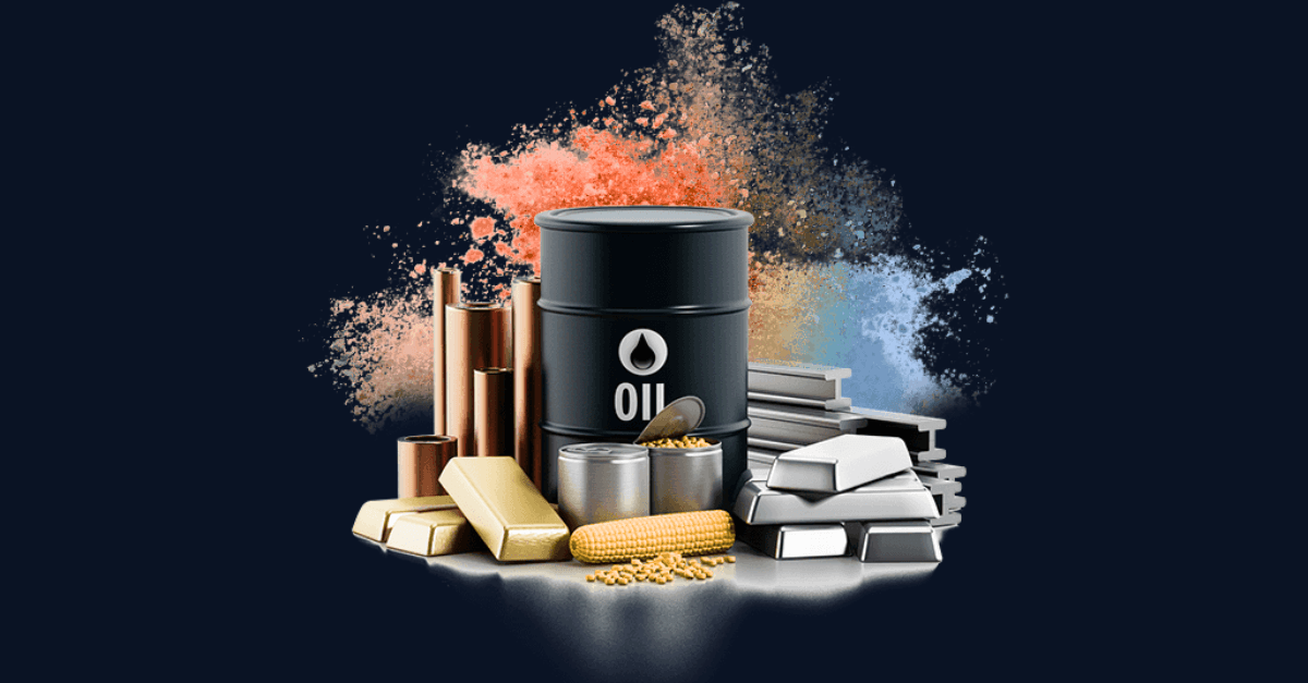 an oil drum, gold and silver bars, copper tubing, steel beams and grain arranged against a dark navy background