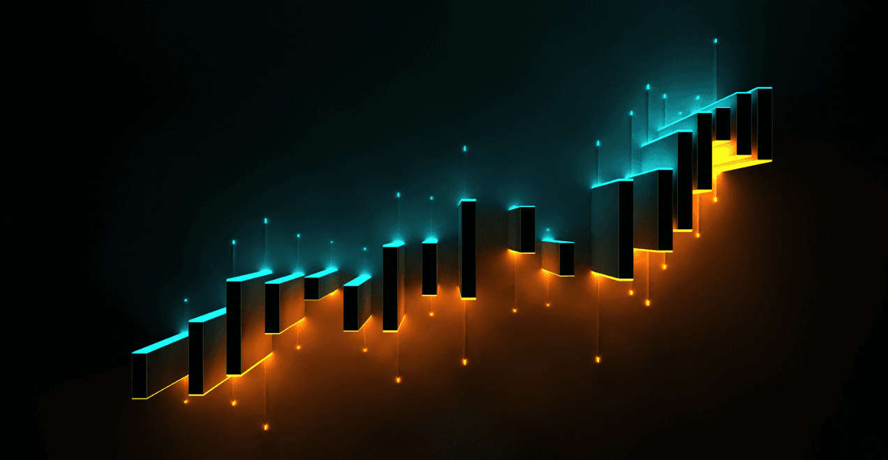 an illuminated candlestick chart rising across a dark background
